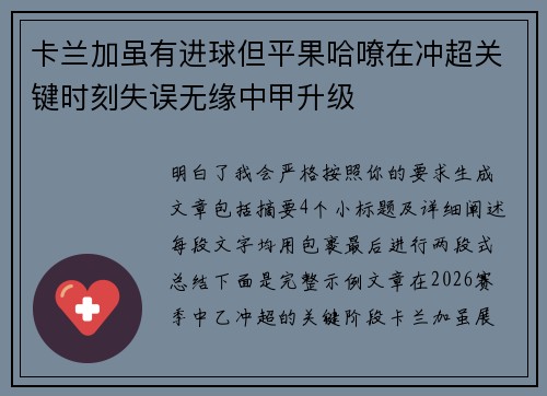 卡兰加虽有进球但平果哈嘹在冲超关键时刻失误无缘中甲升级